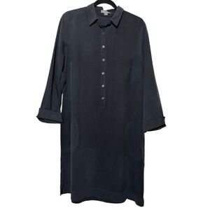 GO SILK Button Front Long Sleeve Silk Midi Dress Shirt  Pockets Black Size Large